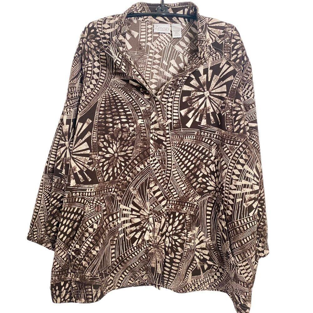 Zenergy By Chico's Sz 3 Geometric Aztec Design Full Zipper Jacket Pockets Collar